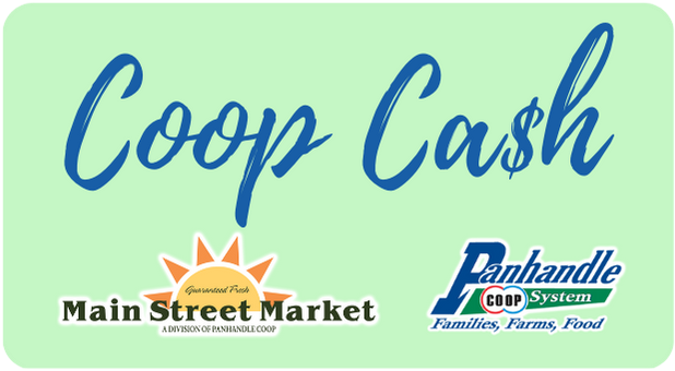 Coop Cash Card used to earn points towards cash off Panhandle Coop purchases.